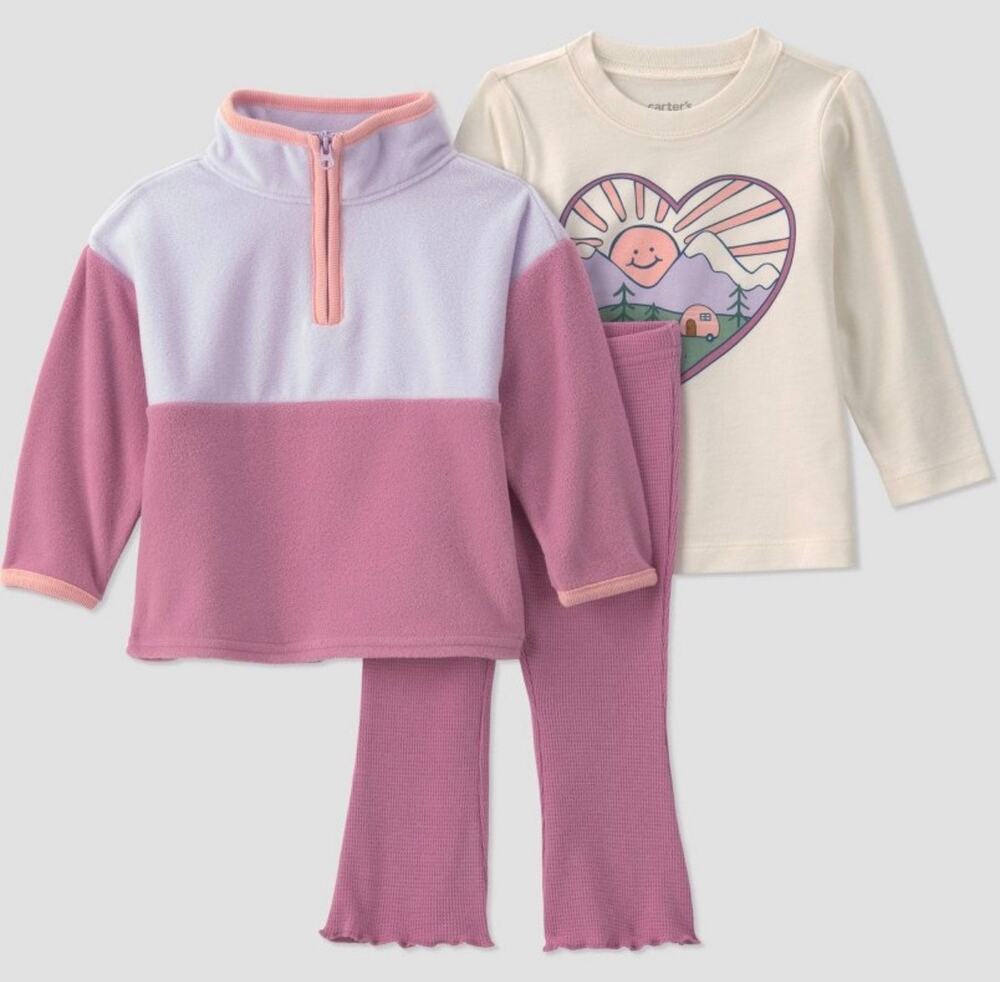Carter's Baby Girls 3Pc Camper Quarter Zip Sweatshirt Flare Pants Set 24M NWT - Picture 1 of 2